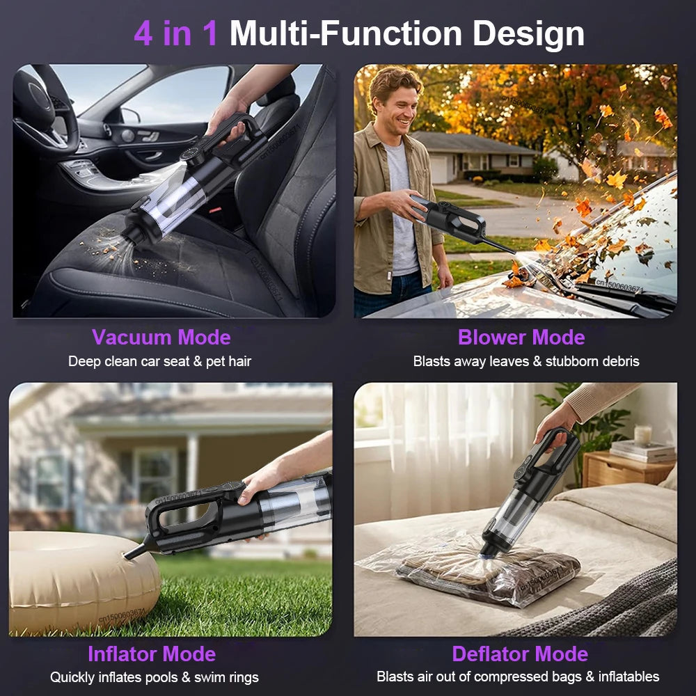 Multifunktionaler kabelloser Staubsauger für Auto und Haushalt, geeignet zur Entfernung von Tierhaaren und Staub, mit 6 Bürsten.