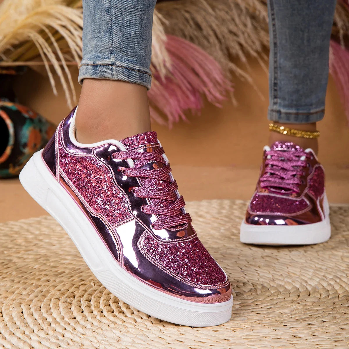 DJSUNNYMIX Modische Sneakers für Damen Trendige Plateau-Schnürschuhe mit Strass Lässige Designer-Schuhe Glänzende Damenschuhe