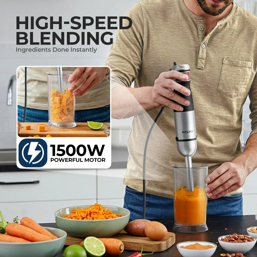 ROUNY 6-in-1 Stabmixer-Set, Max. 1500W Eintauch-Stabmixer mit Edelstahlklingen für die Heimküche