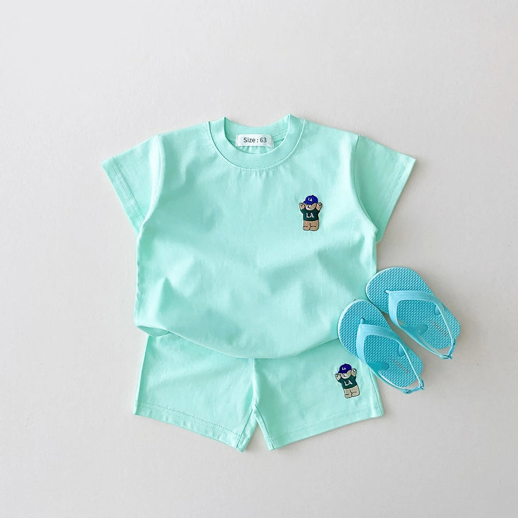 Koreanische Baby Boy Sommer Kleidung Set Gestickte Bär Bunte T-shirts T shirts + Lose Shorts Anzug 2PCS Pack Baby mädchen Kleidung Sets