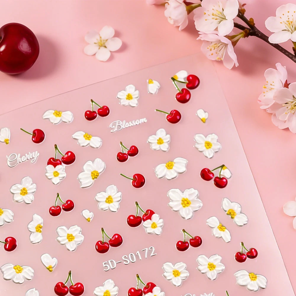 1 Stück 5D Kirschblüten-Nagelaufkleber, Niedliche 3D Rote Kirsche Weiße Blume Selbstklebende Nagelkunst-Sticker, Sommer DIY Maniküre-Dekoration