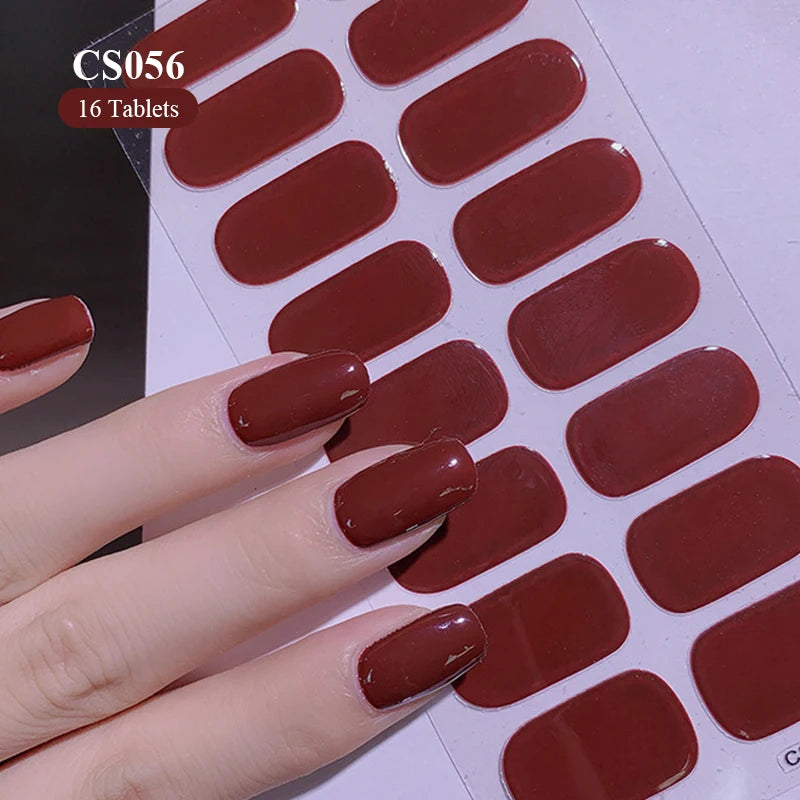 16 Tipps weinrote Nagelaufkleber, langlebig, einfarbig, volle Nagelfolien, selbstklebender Slider, Nagelkunst, DIY-Aufkleber, Maniküre-Dekor