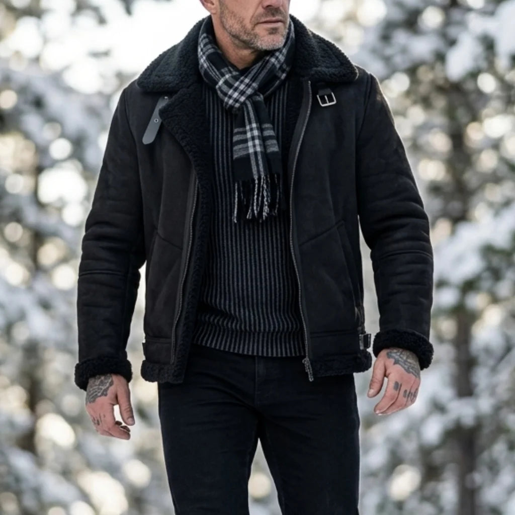 Herren-Winterjacke aus Kunstwildleder mit Fellkragen |   Winddichter Streetwear-Mantel mit Gürtel und Reißverschluss |   Dicke, warme Wanderkleidung für den Außenbereich, weich, für Herren