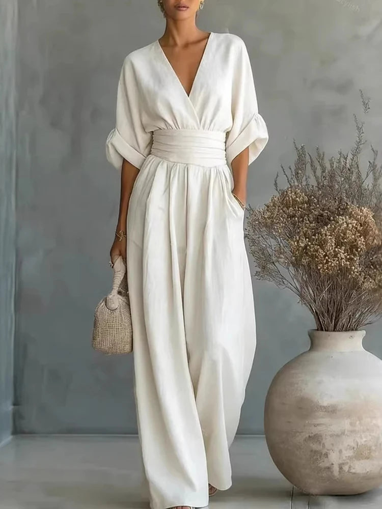 Elegante Damen-Jumpsuits mit hoher Taille, Sommer-Kurzarm-Overalls mit weitem Bein, lässige V-Ausschnitt-Jumpsuits in Unifarben, lockere Streetwear