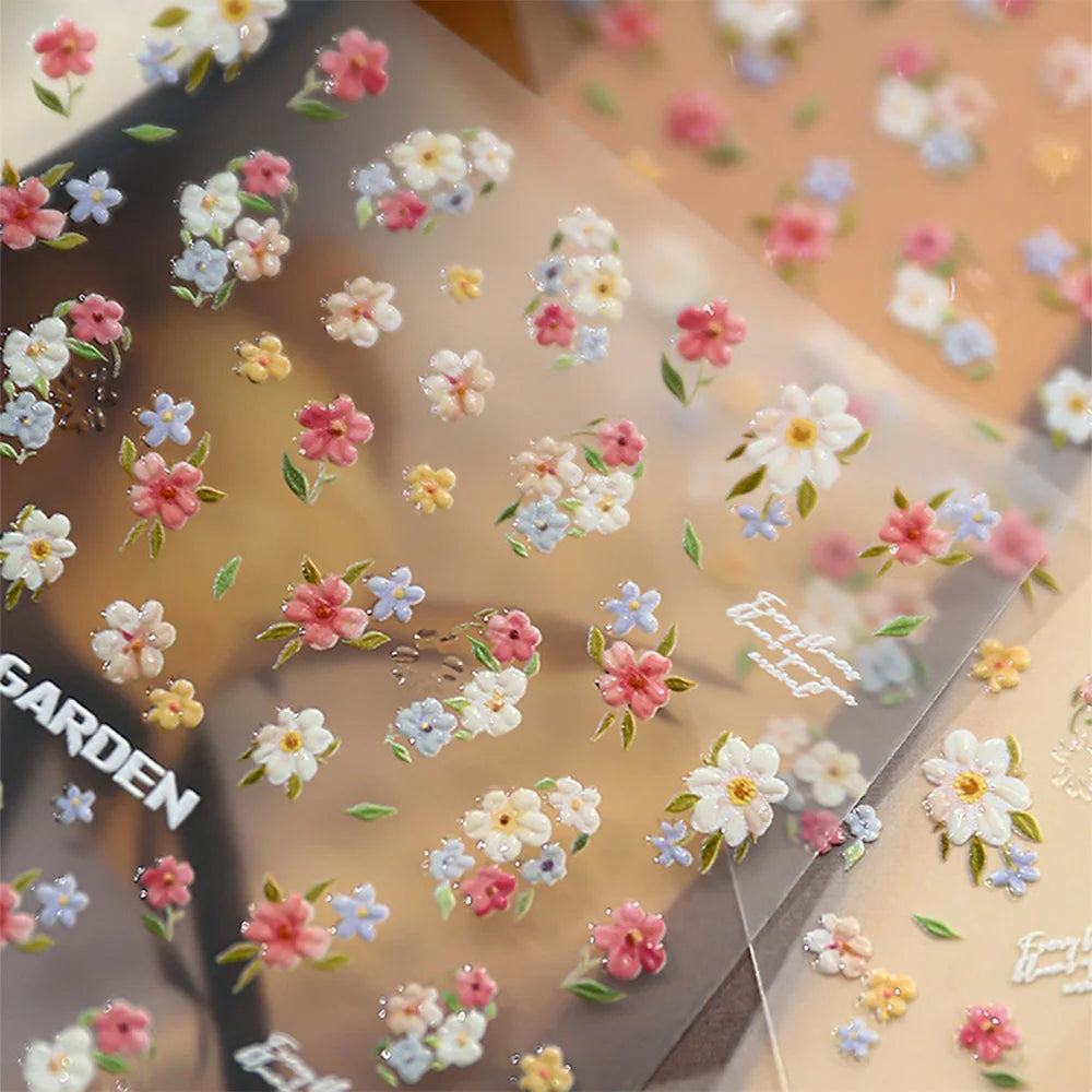 1 Stück 5D Elegante Rosa-Weiß-Blaue Blumen-Nagelaufkleber Aurora-Muschel Grüne Blätter Nagelsticker Selbstklebende Mini-Blumen-Nageldekoration
