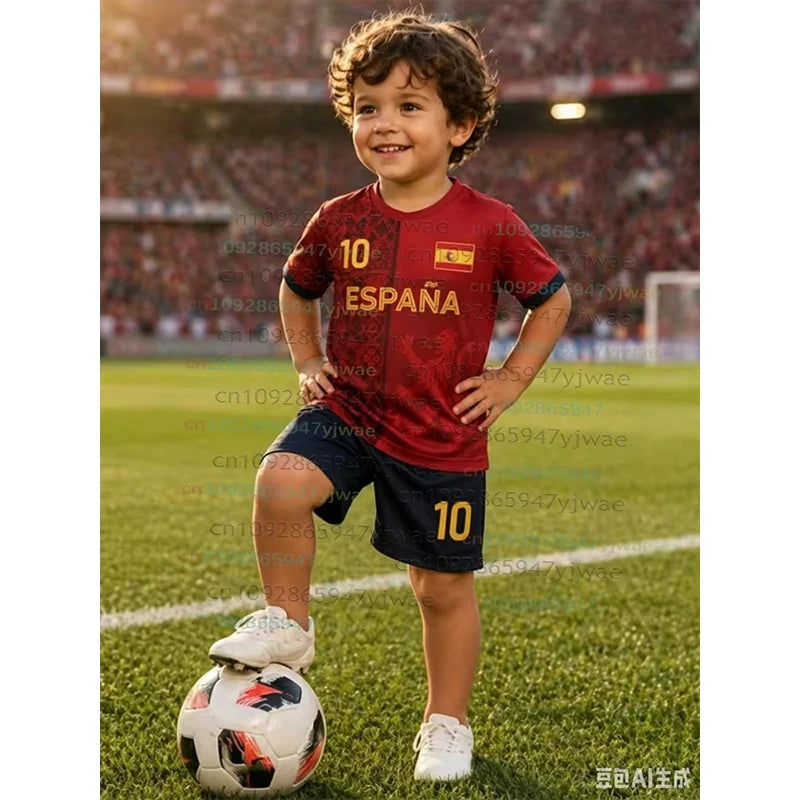 Spanien Fußballtrikot 2026 Jugend T-Shirt & Shorts für Jungen und Mädchen Trainingsanzug Harajuku Sommer Casual Kinder T-Shirt Set 2-teiliges Set