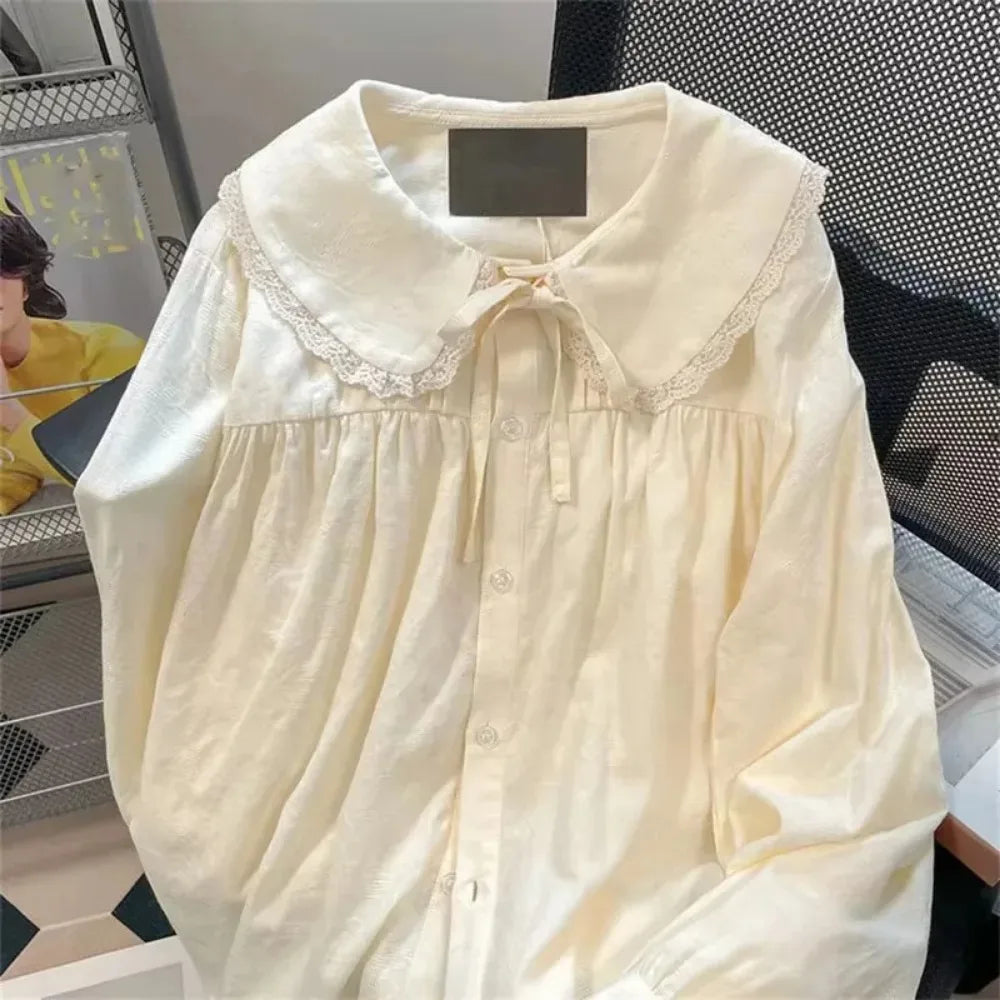 Peter Pan Kragen Süßes Hemd Frauen Lolita Japanische Kawaii Bluse Puff Langarm Elegante Weiße Weibliche Top Grundlegende Schule Shirts