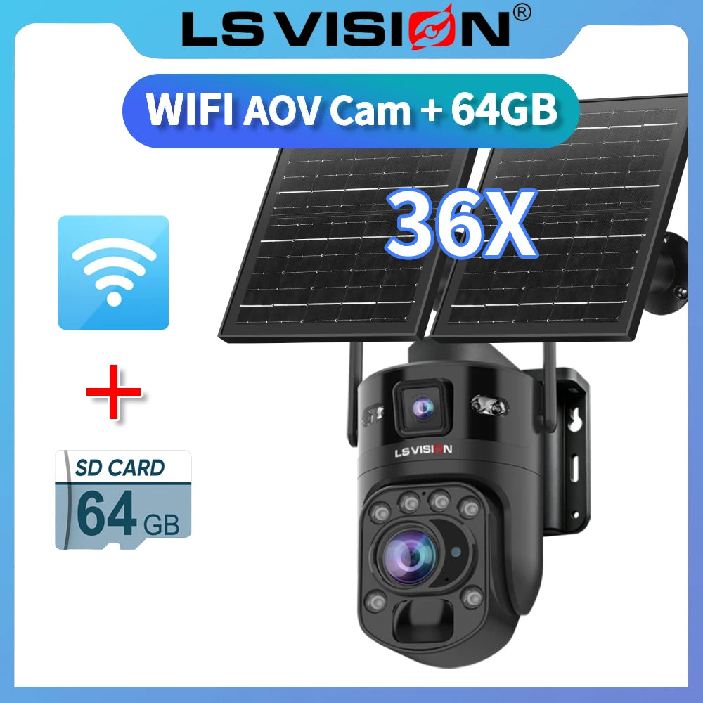 LS VISION 36X Optischer Zoom Außen-Solarkamera WiFi/4G 24/7 Videoaufzeichnung Doppelbildschirme AOV & PIR WLAN-Sicherheitskamera CCTV IP66