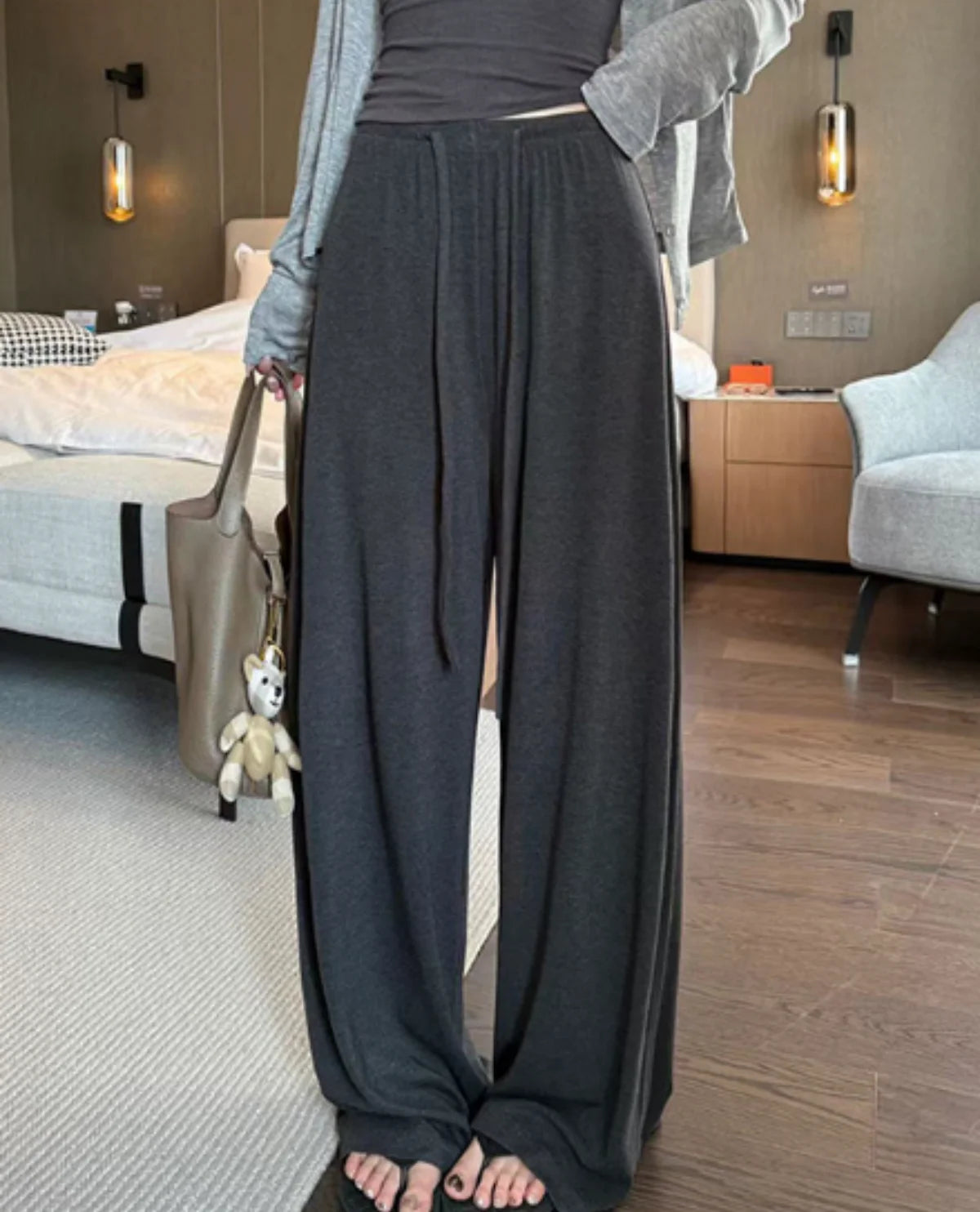 Damen Casual Weite Hose Einfarbig Modisch Elastischer Bund Kordelzug Jogginghose Amerikanische Sweatpants Street Koreanische Hose