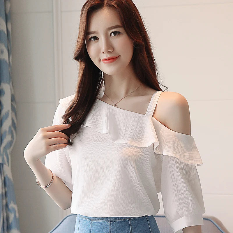 Damen-Oberteil, One-Shoulder-Bluse mit Rüschen, Kurzarm-Chiffonbluse