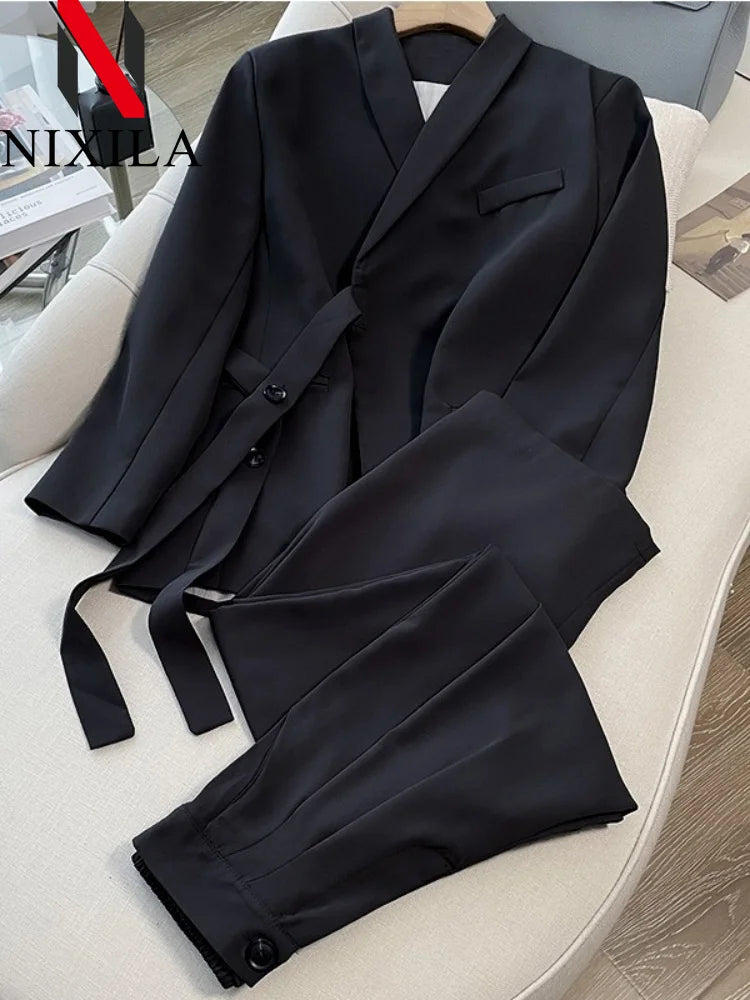 Frühling Herbst Damen Blazer-Hosen-Sets Mode Büro-Damen Lässige Weite Hosen Anzug-Set Damen Zweiteiler Damen-Outfits
