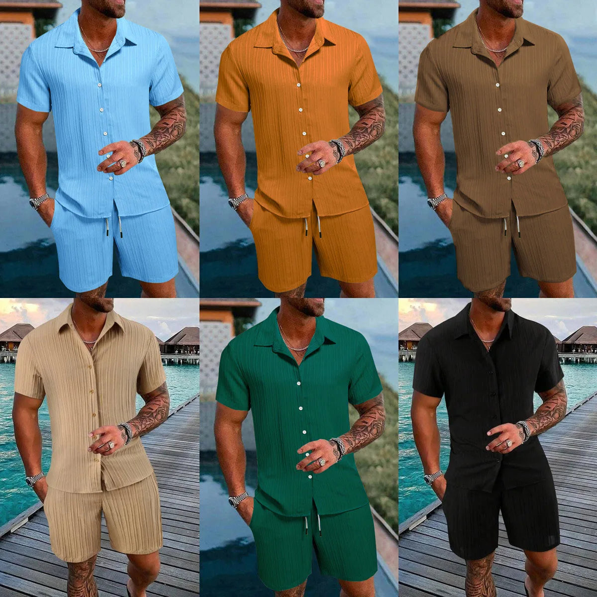 Neues hawaiianisches Urlaubshemd- und Badehose-Set für Herren, 2-teilig, kurzärmelige Hemden mit Shorts, Sommer, schnell trocknend, Schwimmen, Freizeit