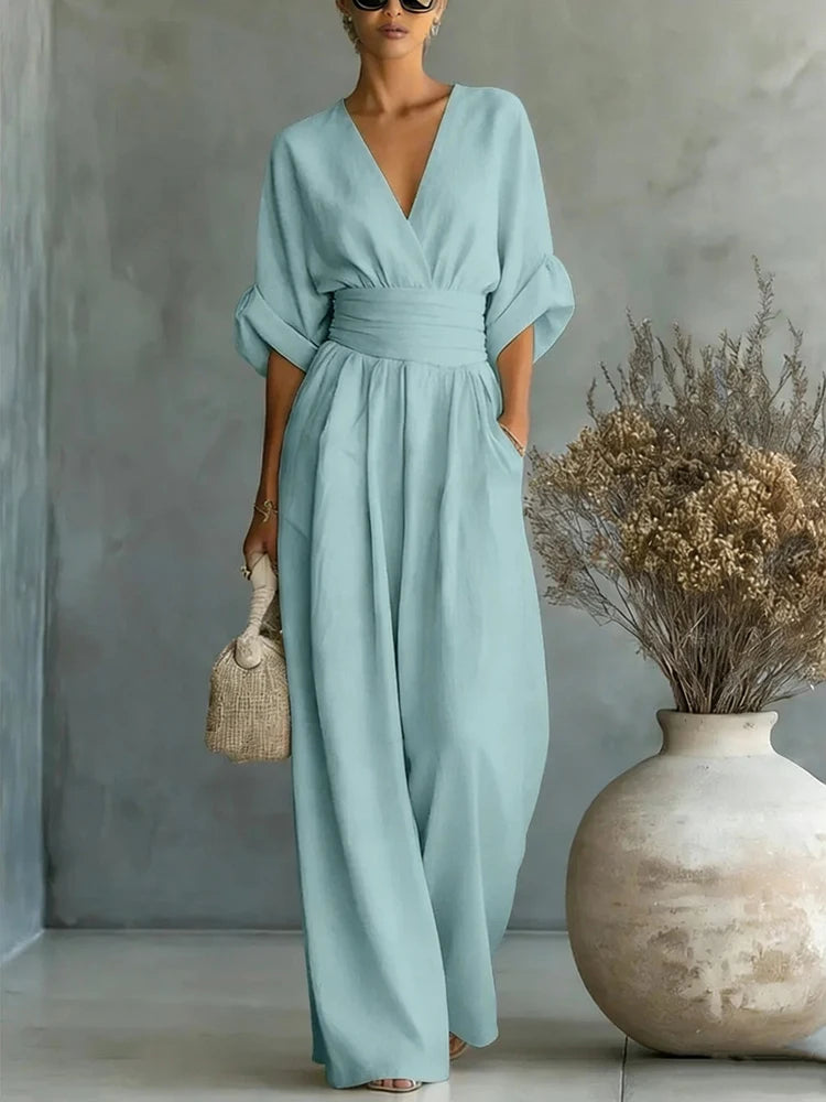 Elegante Damen-Jumpsuits mit hoher Taille, Sommer-Kurzarm-Overalls mit weitem Bein, lässige V-Ausschnitt-Jumpsuits in Unifarben, lockere Streetwear