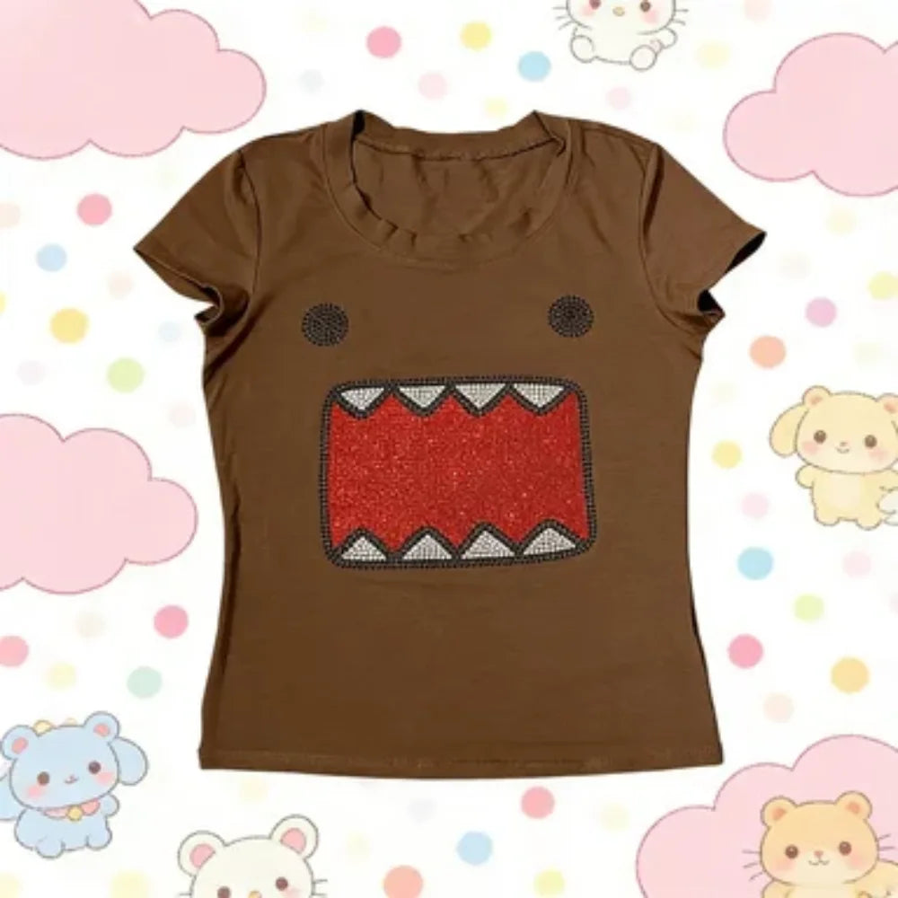 Casual Streetwear Kawaii Domo Kun Strass Cartoon 2000er Qualität Rundhals Kurze Ärmel Einfache Tägliche Routine Fit T Shirt Top