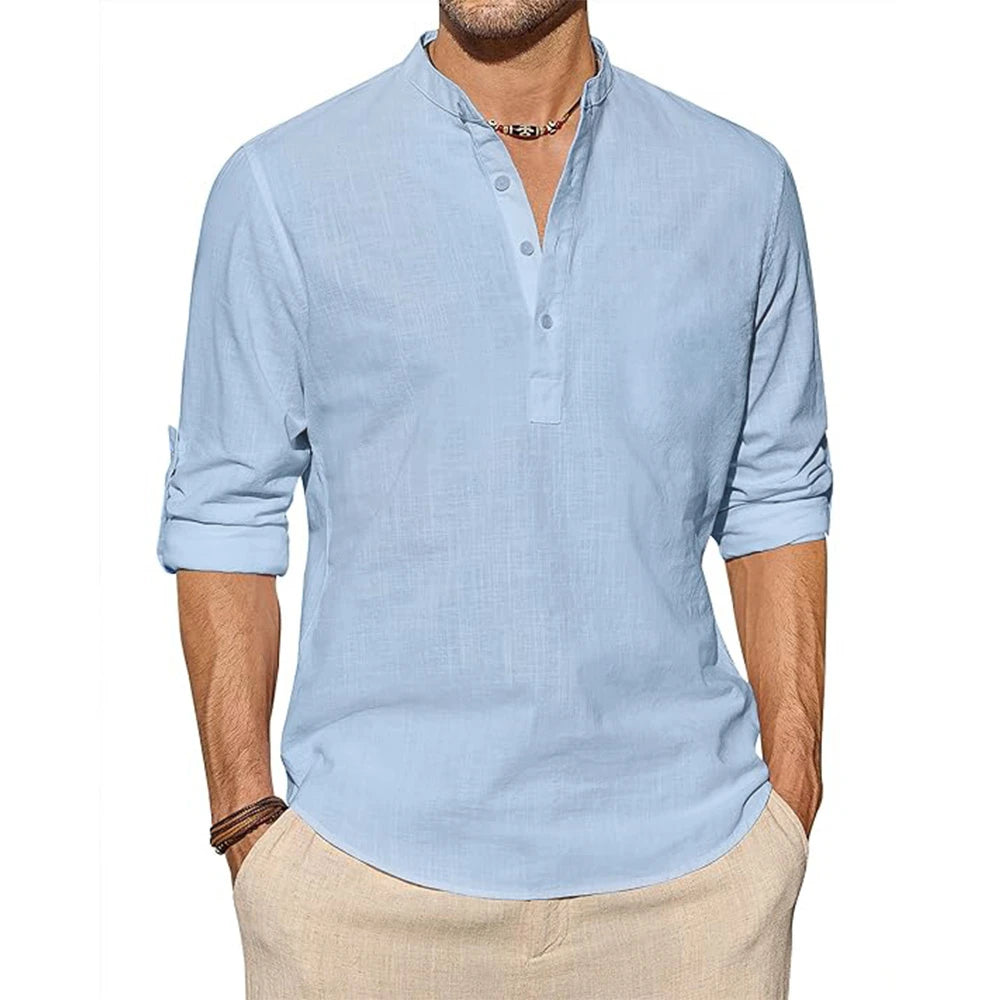 Neue Baumwoll-Leinen-Hemden für Herren, Freizeithemden, leichtes, langärmliges Henley-T-Shirt, einfarbige Langarm-Tops, aufrollbar