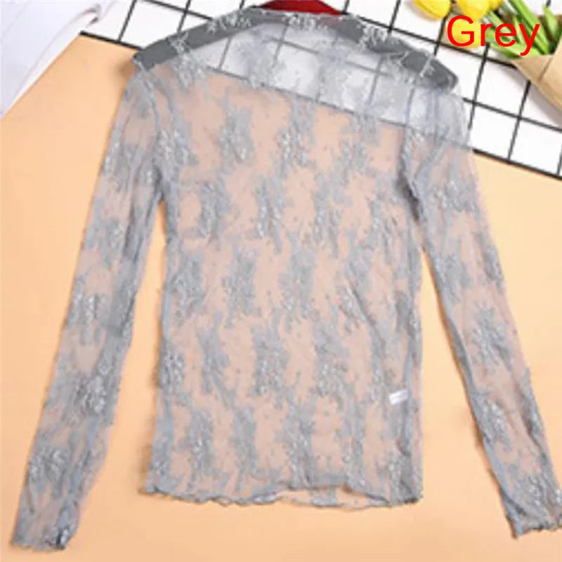 Elegantes transparentes T-Shirt sexy Langarm Mesh Tüll durchsichtiges Oberteil