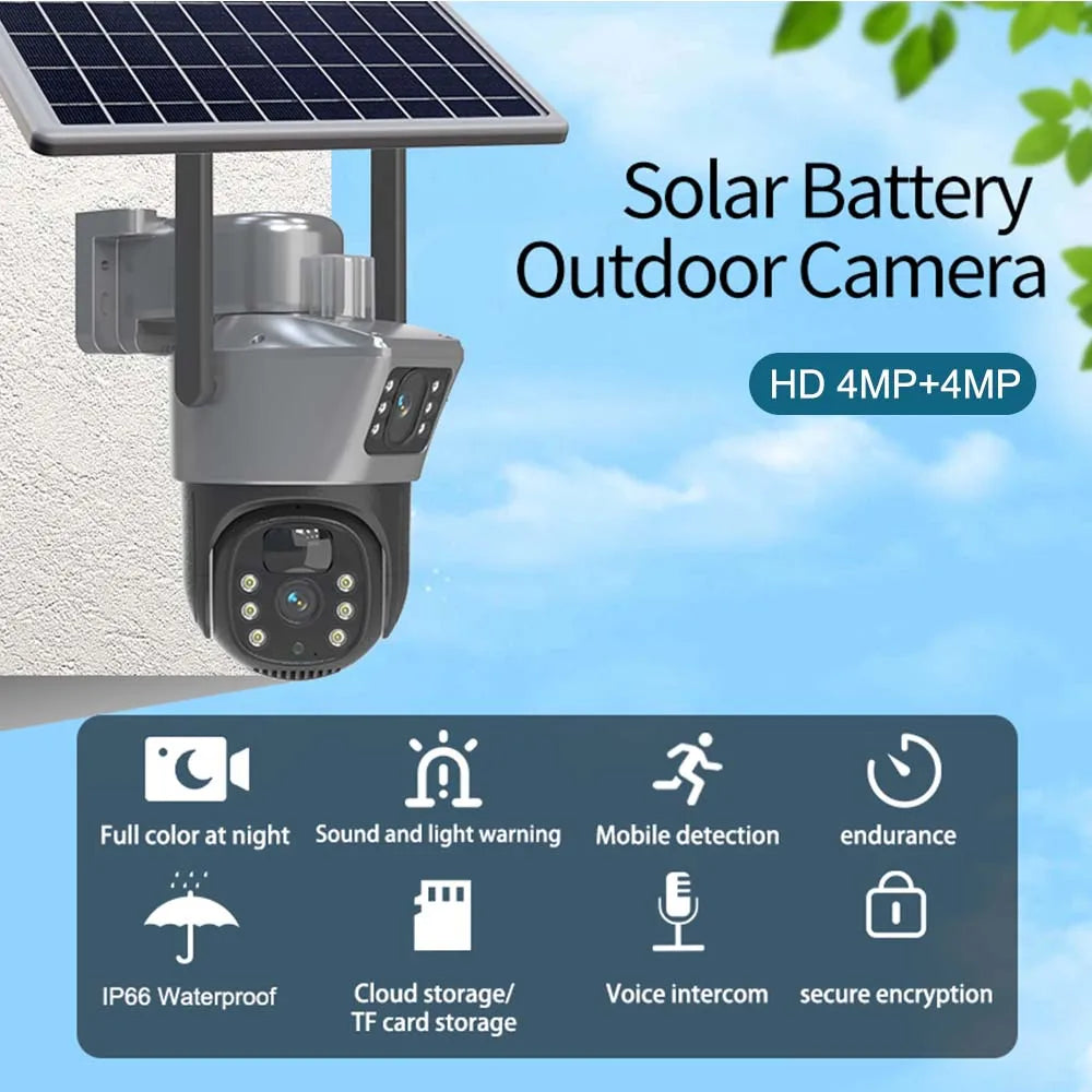 8MP 4K WiFi-Solarkamera, drahtlose Überwachungskamera für den Außenbereich, PIR-Personenerkennung, CCTV-Überwachungskameras, mit Solarpanel, PTZ-IP-Kamera mit zwei Objektiven, Sicherheitsschutz