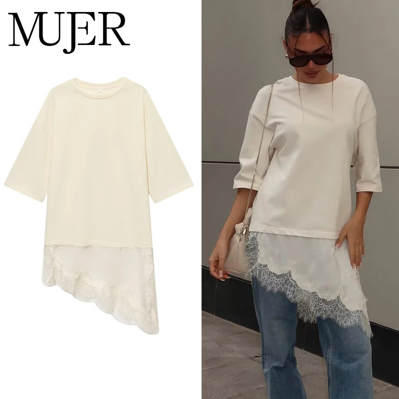 MUJER Polo Spitze Damen T-Shirt Asymmetrische Tank Tops für Frau Kurzarm Lustige Frau T-Shirts Streetwear Casual Tops Damen