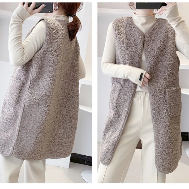 Frauen Herbst Winter Faux Lamm Pelz Weste Reine Weiche Taschen Taste Mid-länge Stil Weste Lose Beiläufige Fleece Strickjacke tücher
