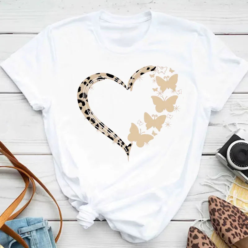 Neue blaue Schmetterling Blumen gedruckt T-Shirt Frauen Sommer lässig Kurzarm O-Ausschnitt Tops 90er Jahre Mode Grafik weibliche Tops T-Shirts