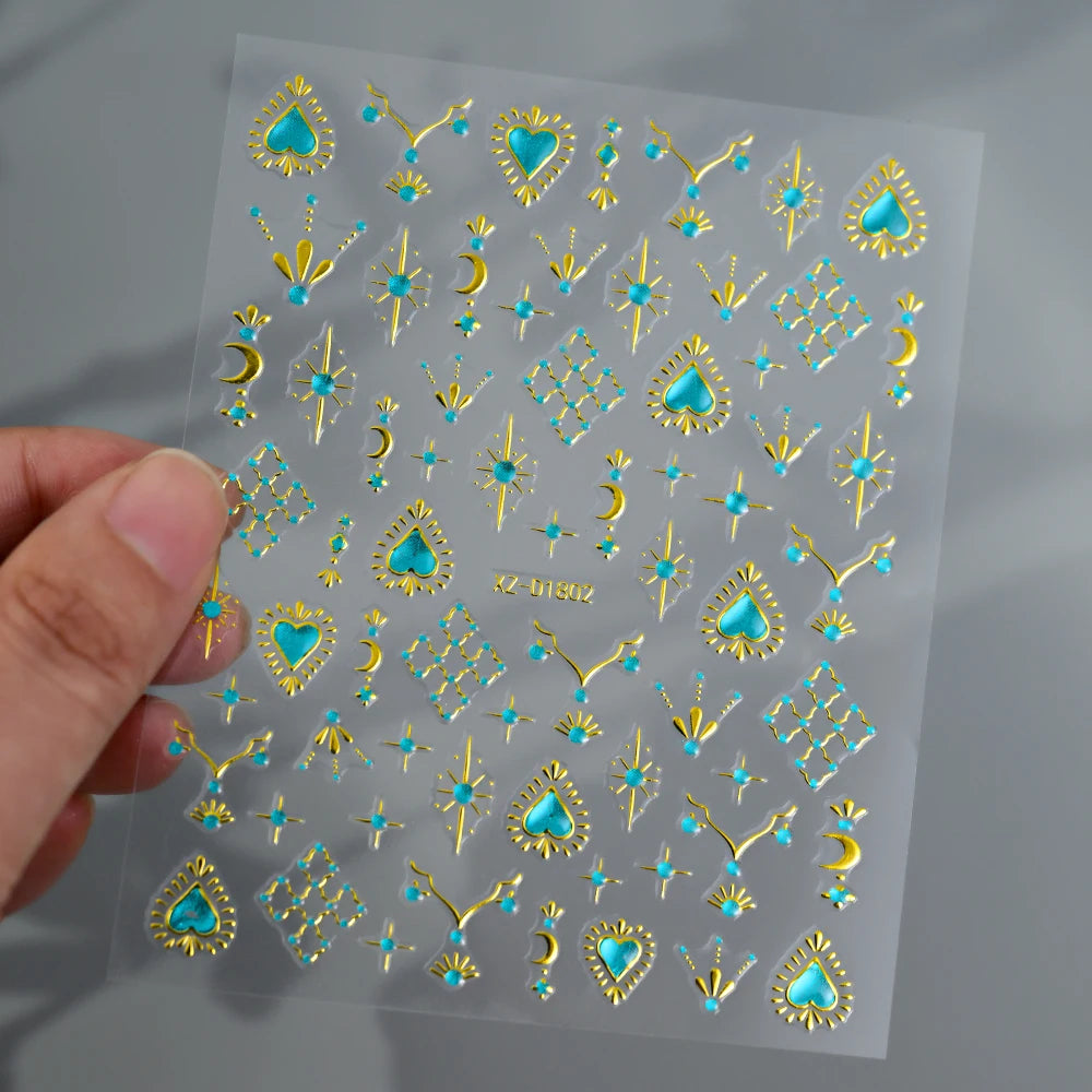 1 Stück Blauer Edelstein Stern Sonne Mond Nagelaufkleber 3D Böhmisches Sternenlicht Herz Schlange Selbstklebende Abziehbilder Französische Linien Streifen Maniküre Sliders