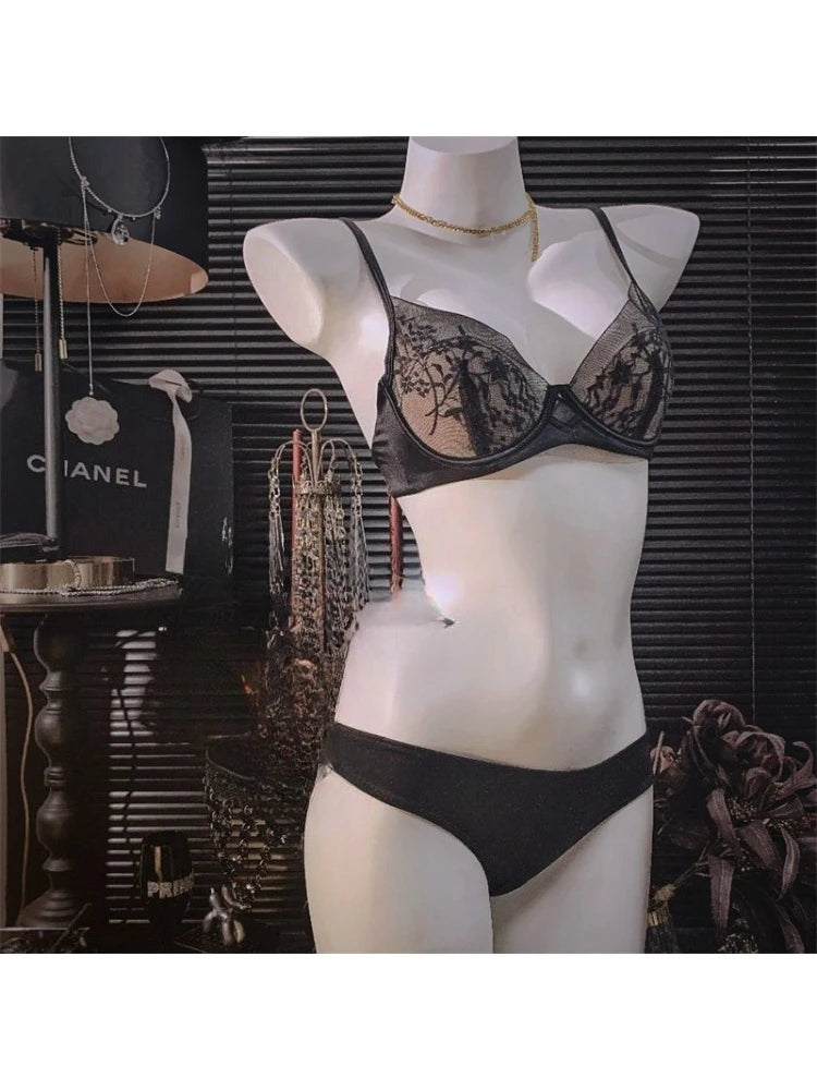 Sexy Spitzen-BH und Höschen-Set, Push-Up-Minimizer, tiefer Bügel, Demi-Cup für Damen, Partykleidung, durchsichtiges Push-Up-Minimizer-BH-Set aus Satin