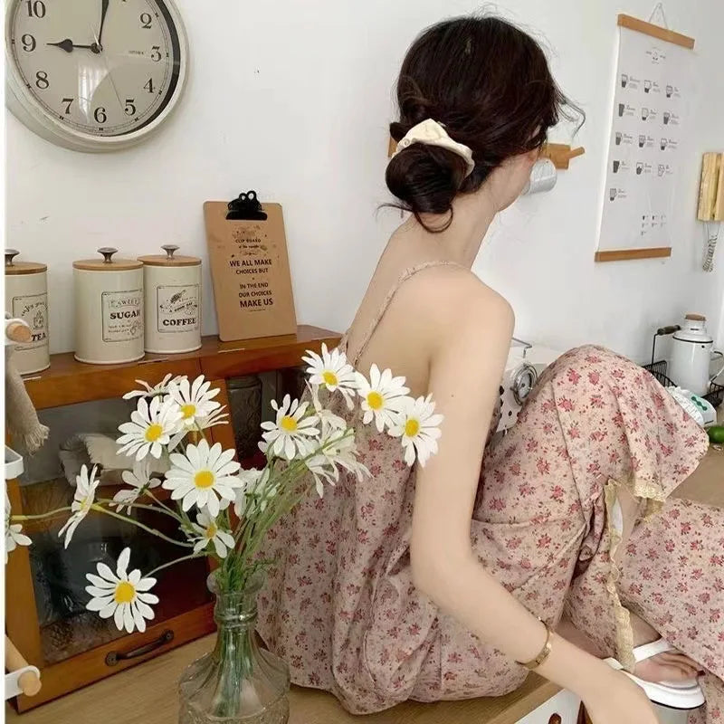 Frauen Neue Pyjamas Homewear Set Sommer Retro Kleine Gebrochene Blumen Halter Kurzarm Lange Hosen Dünne Pyjamas Homewear set