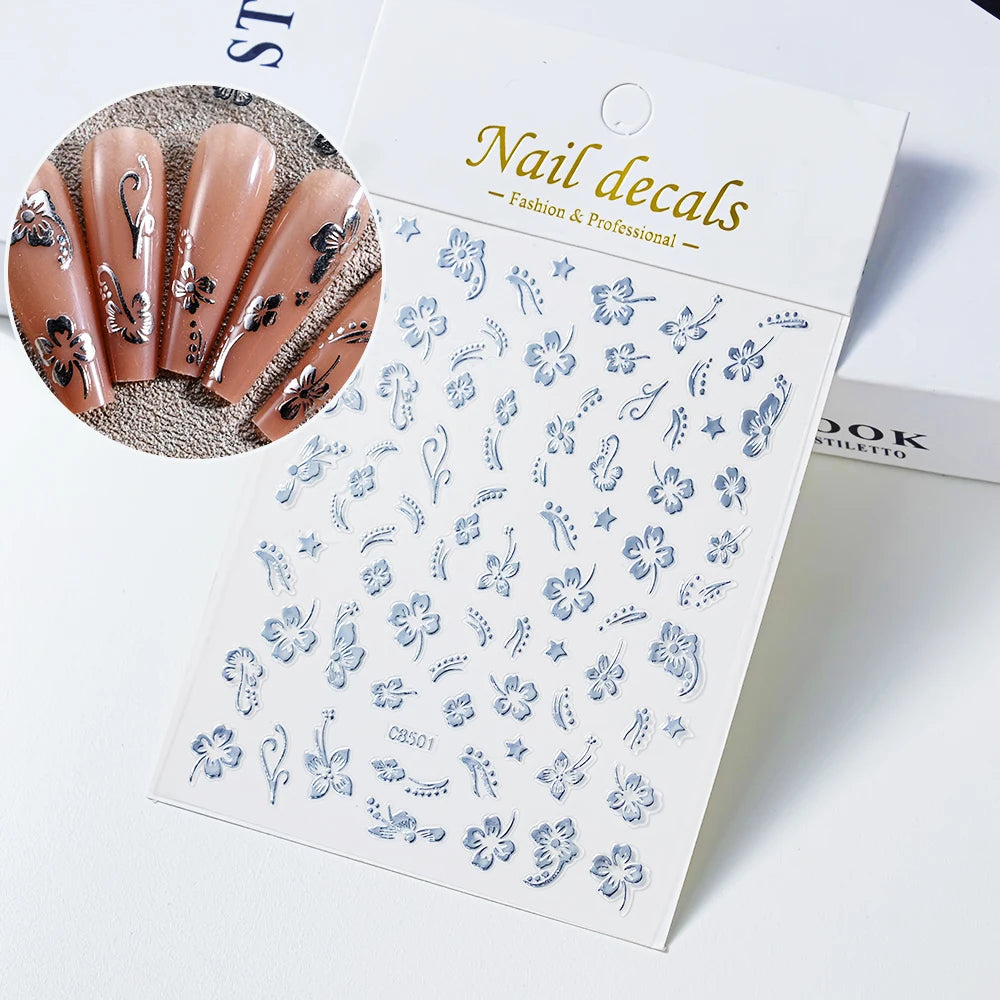 1 Stück 3D weiße Hibiskusblüten-Nagelkunst-Aufkleber, 8 Farben, hohle Blütenblätter, Blumen-Nagelaufkleber, exquisiter Gold-/Silber-/Schwarz-Blumenschieber