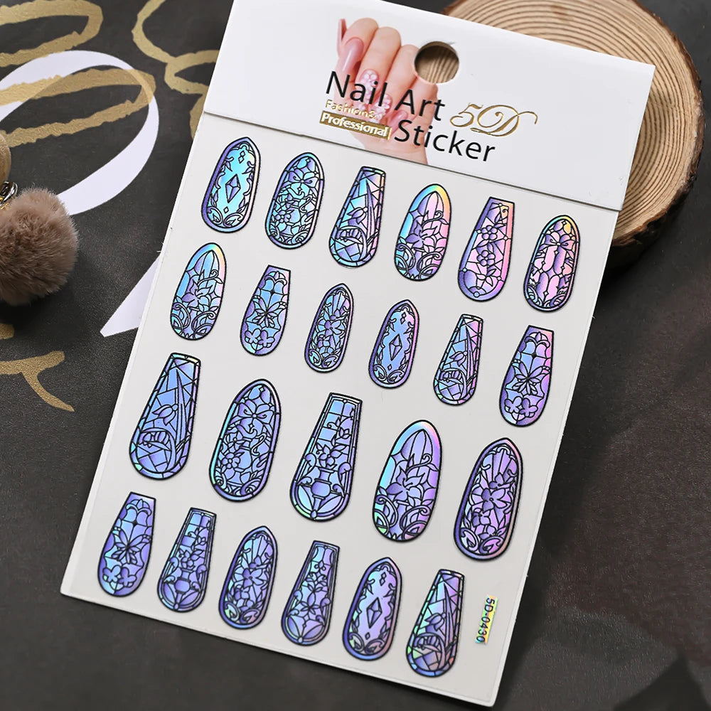 1/3 Stück 5D Aurora Buntglas-Nagelaufkleber Buntes Fenster-Rokoko-Blumenmuster Nagelkunst-Aufkleber DIY Maniküre Gotische Dekoration