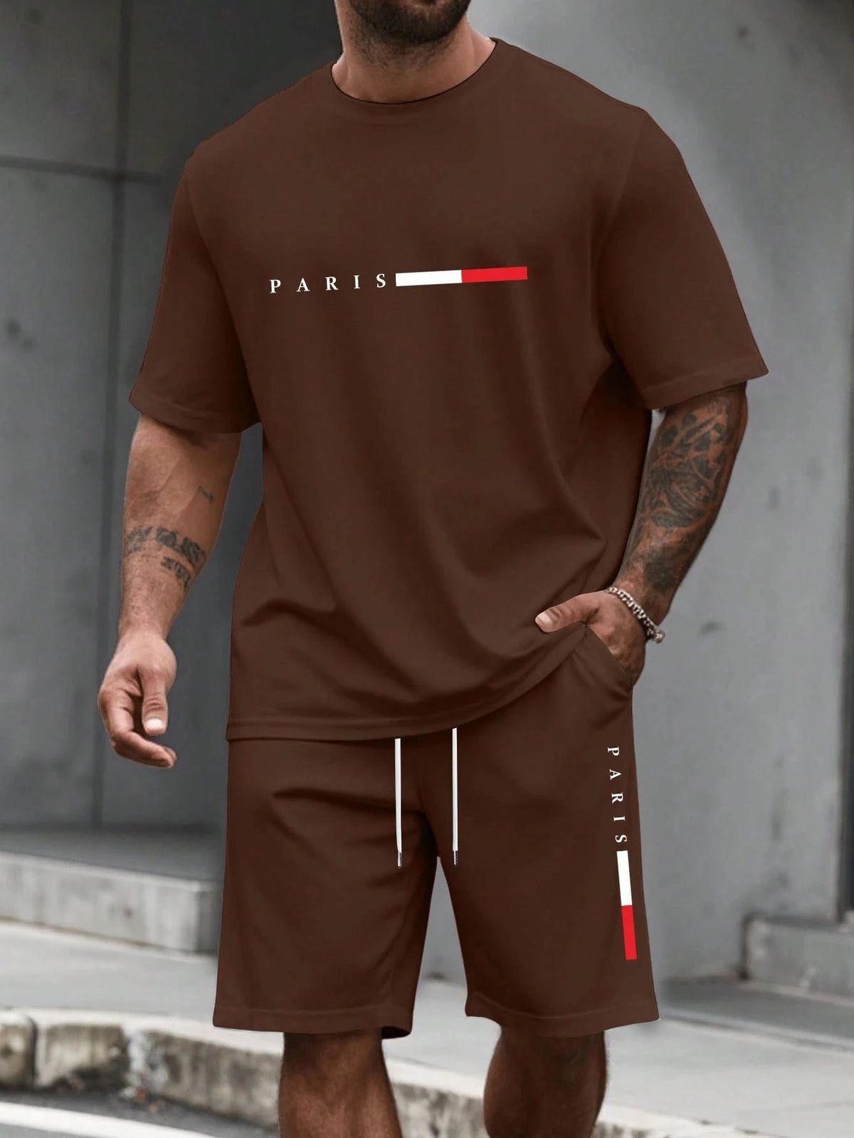 Paris-Buchstaben-Print Herren Frühling und Sommer Zweiteiler Set Lässiger Rundhals Kurzarm T-Shirt Shorts Sportanzug Bedruckte Kleidung