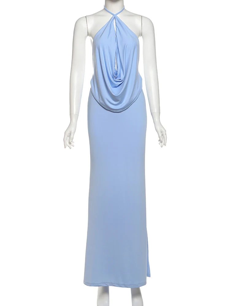 kliou Urlaub Neue Frauen 2-teiliges Set Hipster Solide Swinging Plissee Sexy Backless Tops + Gerade Maxi Röcke Weibliche Einfache outfit