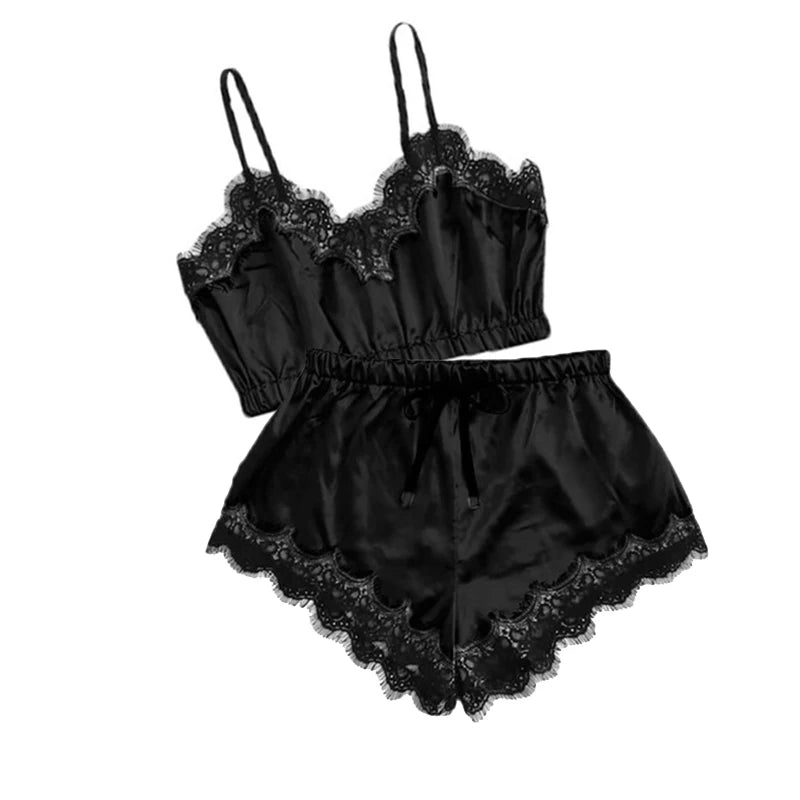 Schwarz Sexy Damen Pyjama Satin 4-teilig Spitze Seide Hosenträger Tops Shorts Robe Pyjama Set Nachthemd Unterwäsche Nachthemd Anzug