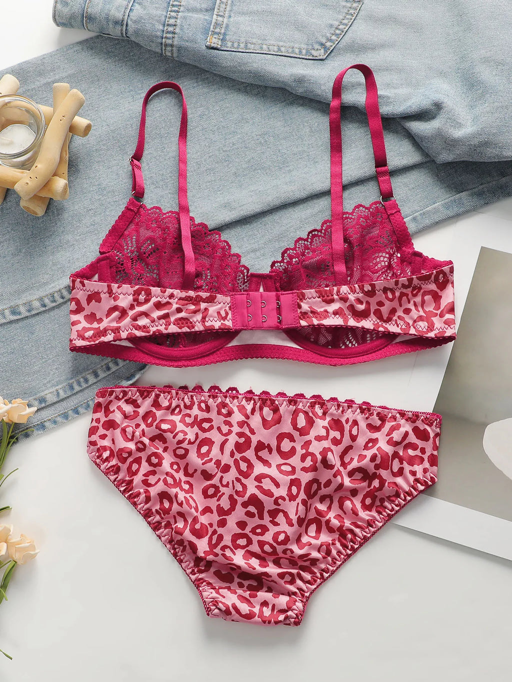 Spitze Transparente Unterwäsche Sets für Frauen Sexy Dessous Fee Stickerei Kurze Sets Zarte Rosa Leopard Push-Up Bh A3131