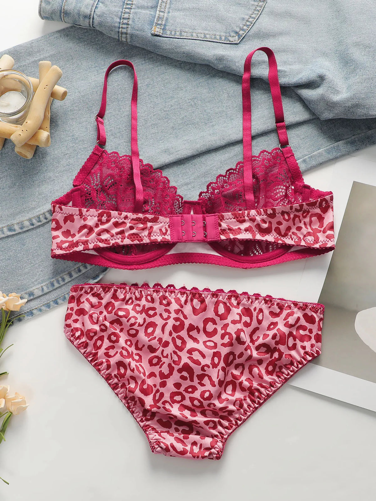 Spitze Transparente Unterwäsche Sets für Frauen Sexy Dessous Fee Stickerei Kurze Sets Zarte Rosa Leopard Push-Up Bh A3131