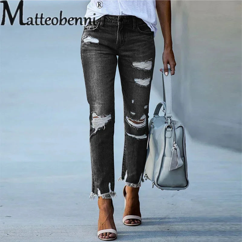 Mode gebrochene Löcher Quaste gerade Jeans Damen Mitte der Taille Knopf Spleißen Jeans hose Damen Trend Streetwear Freizeit hose
