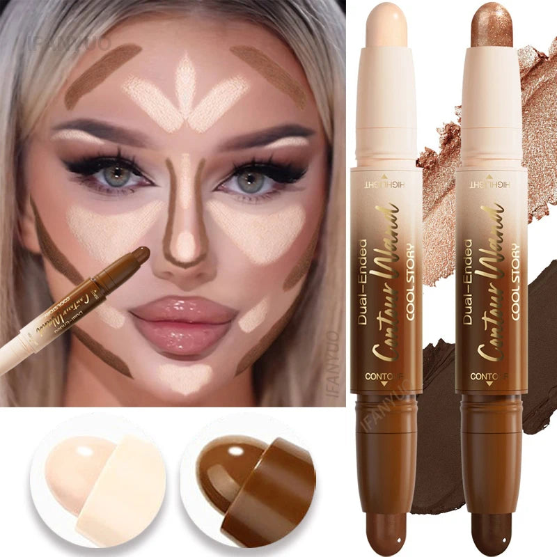 Dual-Ended Bronzer Contour Stick 2 in 1 Smooth Cream Nose Shadow Concealer Pen V Face Brighten Highlight Face Shaping Makeup