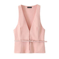 KONDALA Vintage Chic Solide Frauen Anzug V-ausschnitt Ärmellose Schärpen Weste Blazer Gerade Shorts Neue Mode 2025, Sommer Büro Sets