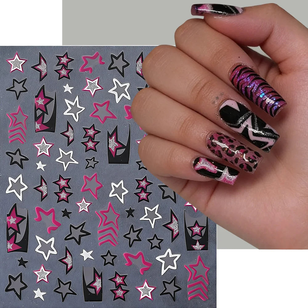 5D Silber Glitzer Stern Französischer Nagelaufkleber Schwarz Rosa Y2K Punk Hohler Fünfzackiger Stern Selbstklebender Aufkleber Maniküre-Dekoration