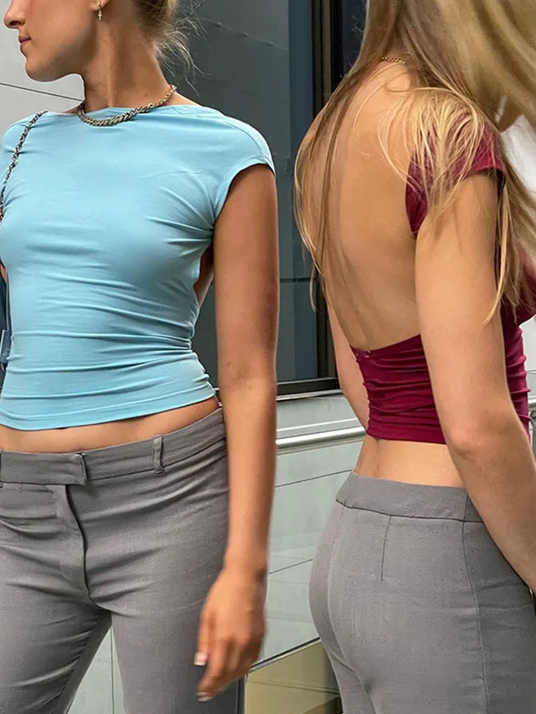 Kurzarm-rückenfreie Oberteile für Damen mit mehreren Möglichkeiten, 2025, dünn, Basic, Sommer, schmal, abgeschnitten, ausgeschnitten, sexy T-Shirt, bauchfreies Top