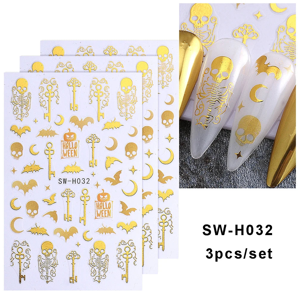 3 Stück Halloween Nagelaufkleber Goldenes Skelett Kürbis Fledermaus Schlüssel Nagelaufkleber y2k Stern Punk Gothic Nagelzubehör Maniküre Dekoration