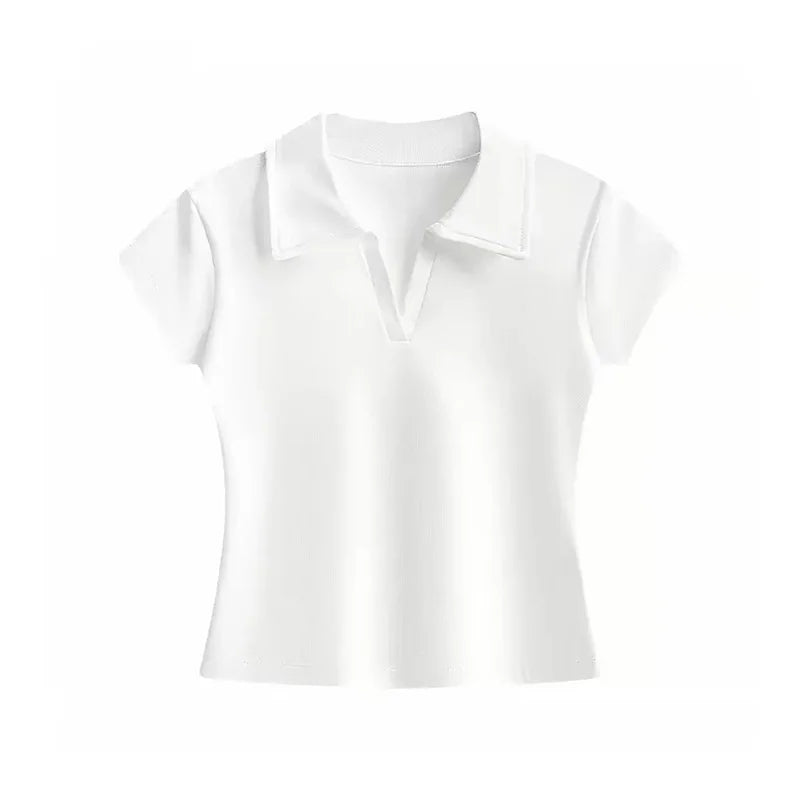 Minimalistisches Vielseitiges Casual-Oberteil 2026 Sommer Neu Einfarbig Gerippter Polokragen Damen T-Shirt Koreanischer Stil Schlankes Kurzarm-Shirt