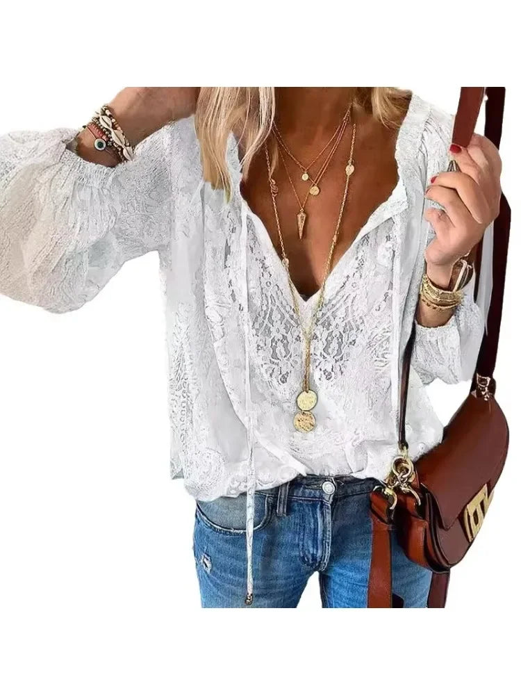 Vintage-Bluse mit Knöpfen und Schnürung, langärmelig, Spitze, elegant, Retro, lässig, Frühling, neue Mode, Tops für Damen, 2025, Blusen-Tops