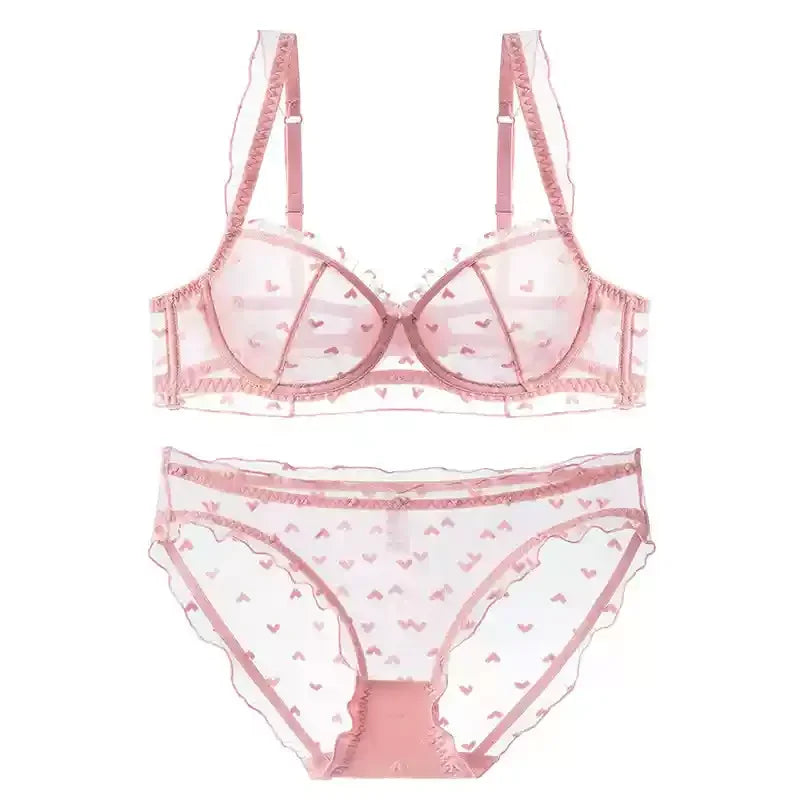 YUQI Französisches Dienstmädchen-Dessous-Set, sexy Spitzenunterwäsche, herzförmiger Push-up-BH mit Stahlringen, Anti-Durchhang-Büstenunterstützung für Damen