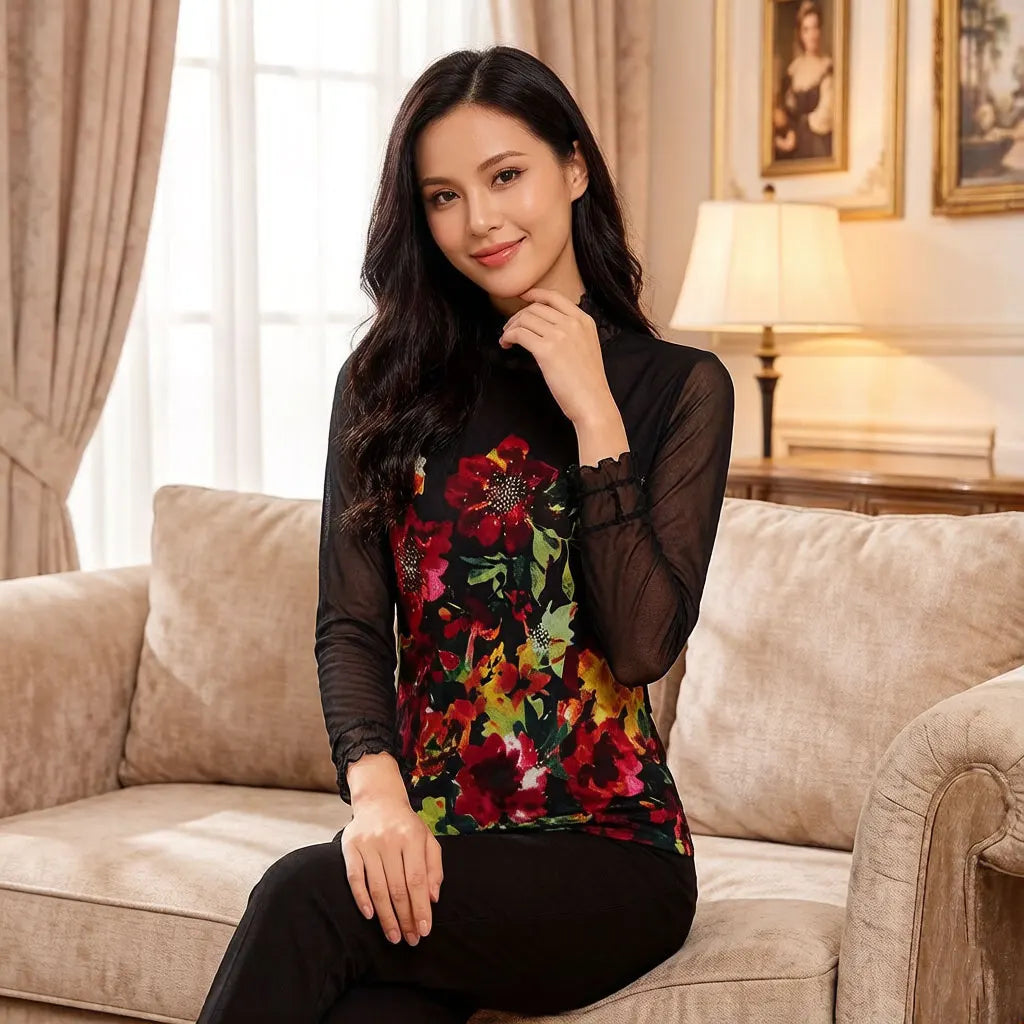 Damen-Bluse mit Blumenmuster, schwarz, hoher Kragen, lange Ärmel, mit Strass-Detail und Rüschenbesatz, elegantes Freizeithemd