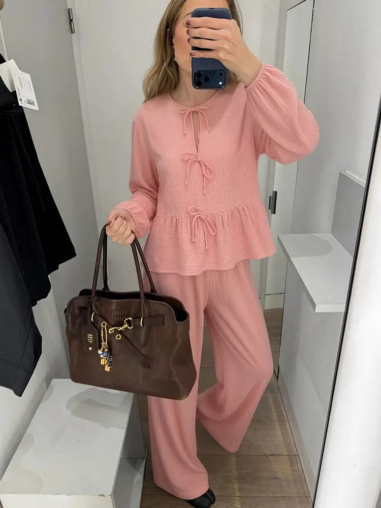 HH Damen Elegantes Einfarbiges 2-Teiliges Outfit O-Ausschnitt Schnürung Langarm-Bluse & Weite Hosen Set Lässiger Frühlingsanzug