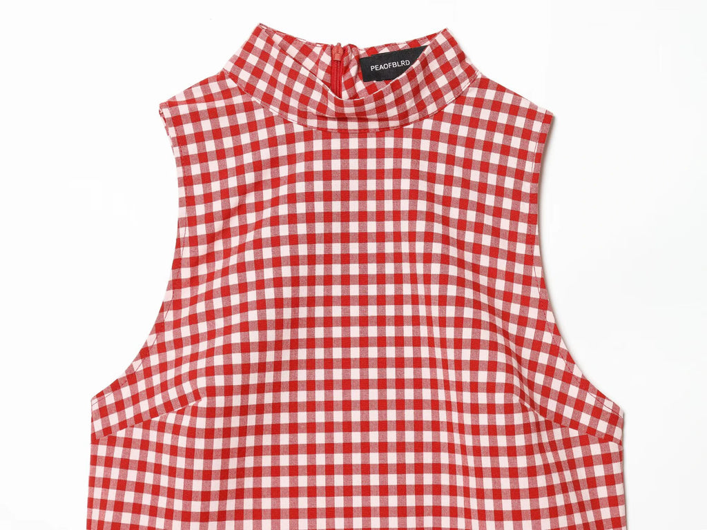 Europäischer und amerikanischer Stil Damenbekleidung neue Mode ärmelloses hochgeschlossenes kariertes kurzes Oberteil und Hosen-Set