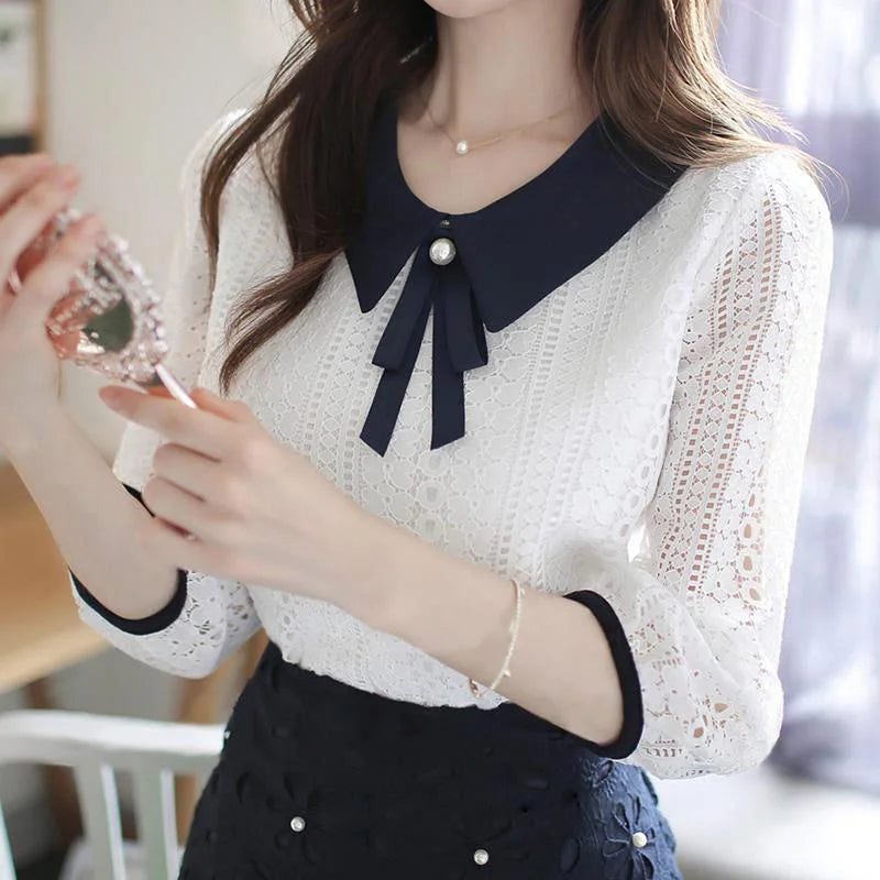 Frauen Frühling Herbst Stil Spitze Blusen Hemd Frauen Peter Pan Kragen Einfarbig Halbe Hülse Elegante Spitze Tops SP8676