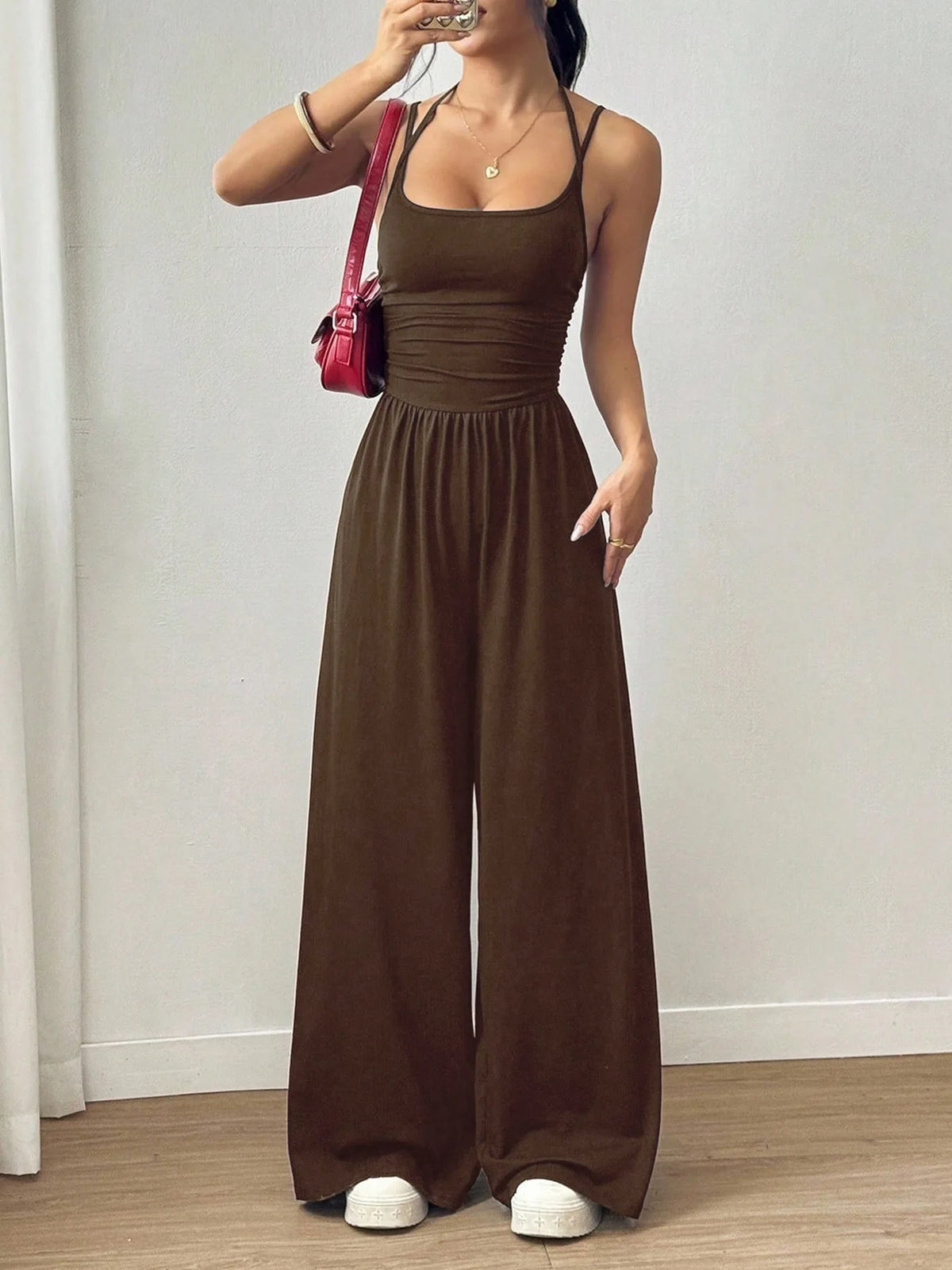 Damen Sommer Schwarz Lässiger Plissierter Lockerer Gerader Jumpsuit Ärmellos Hohe Taille Rückenfreier Overall Einfacher Trägeroverall
