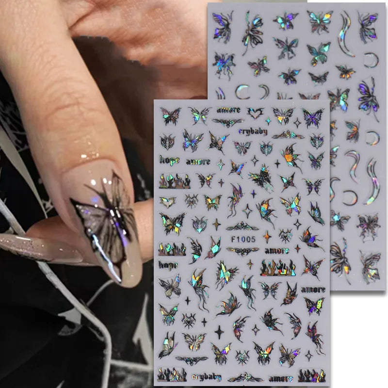 1PCS Schwarz Weiß Schmetterling Laser Nagel Aufkleber Y2K Nail art Dekoration Abstrakte Linien Bronzing Blumen Aufkleber Für Nägel