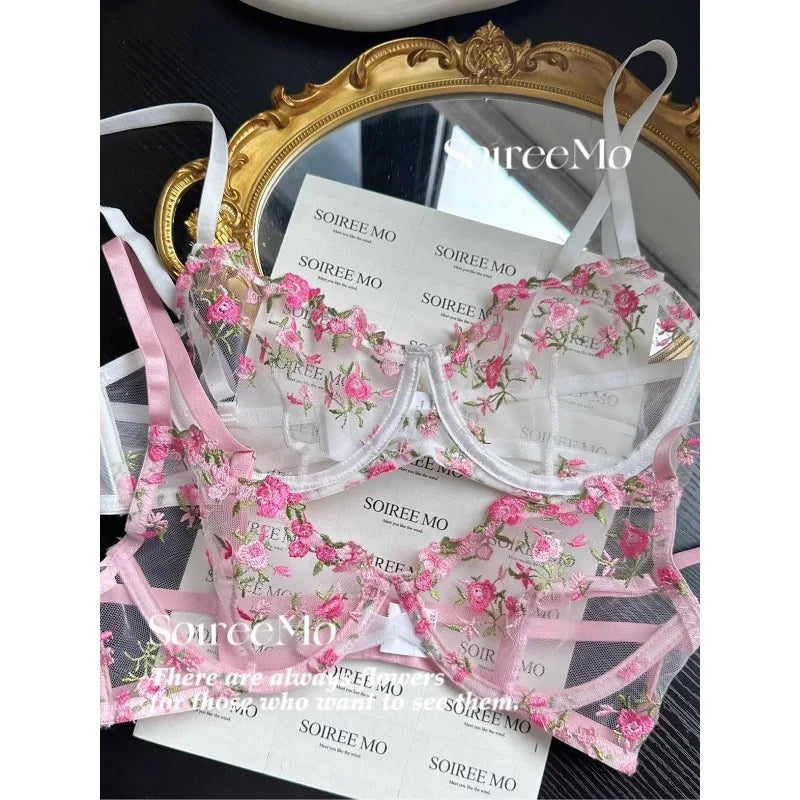 Kawaii japanisches Dessous-Set aus transparentem Tüll, rosa Blumenstickerei-BH, Bralette, reines passendes Set, BANERDANNI Tushy-BHs